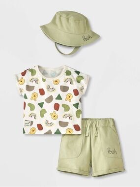 Pooh Print Baby Tee, Shorts & Hat Set - Sage Green